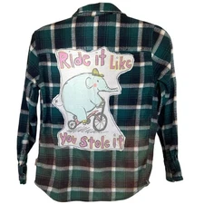 Ride it Like Your Stole it Kids Plaid Flannel Button Down Shirt MEDIUM Unique