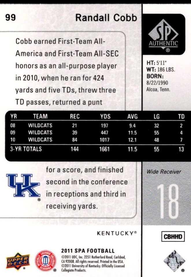 2011 SP Authentic Randall Cobb Kentucky Wildcats #99 - Image 2 of 2