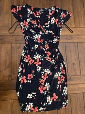 Ralph Lauren Sheath Dress Womens 4 Navy Floral V-Neck Ruched Wrap Knit