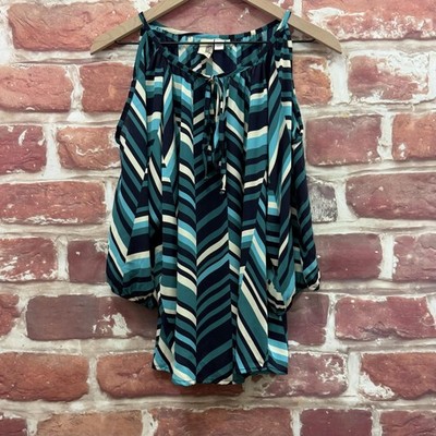 Anthropologie Birdcage Top Womens M Blue Herringbone Striped Cold Shoulder Shirt