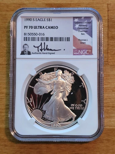1990 S $1 Proof Silver Eagle NGC PF70 UC Uram Signed Flag Label