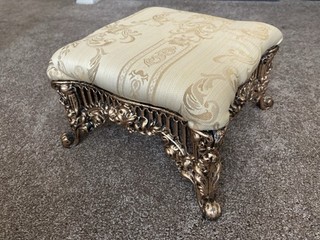 Cast Iron Victorian Style Footstool Gold Gilt Fabric Square Heavy!
