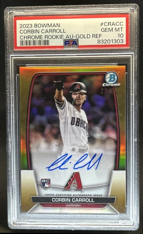 2023 Bowman Corbin Carroll Chrome Rookie Auto RC Gold Refractor #/50 PSA 10