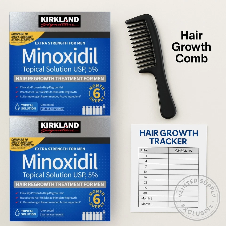 Paquete de 2 Kirkland Minoxidil 5% + Peine y rastreador de crecimiento GRATIS - Suministro abovedado Foto 2 de 4