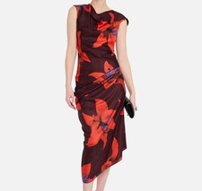 Alexander McQueen Women Red Lily Draped Silk Short-Sleeve Midi Dress Size 46