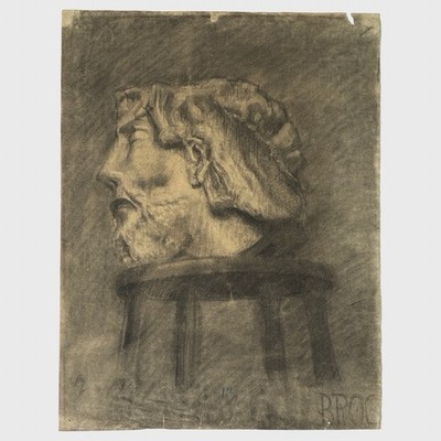 Antique French Academic Charcoal Study of John Baptist s Head on a Stool, Signed