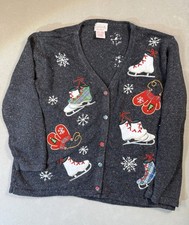 Ugly Christmas  Cardigan Sweater Sz XL Skates Mitten Cardigan 90s Vintage Cotton