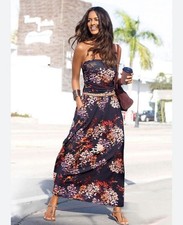 Lascana by Venus Size L Bandeau Maxi Floral Ruched Knit Dress Side Pockets