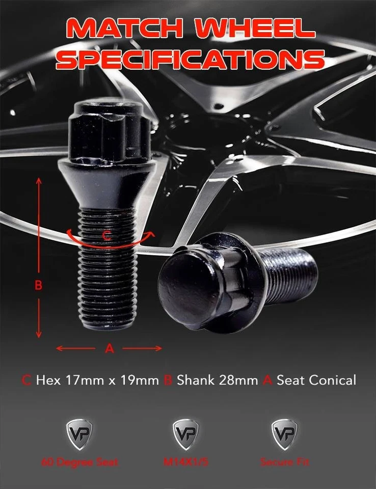 20 pernos de rueda negros 14x1,5 asiento cónico 28 mm vástago 1,1" 2,16" Alfa Romeo Foto 4 de 4