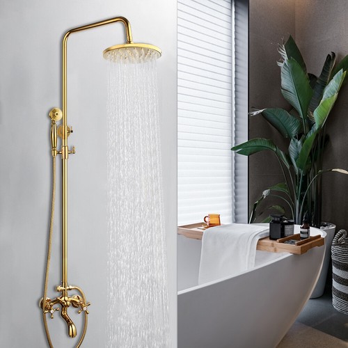 8" Bathroom Rain Shower Faucet Gold Valve Mixer Hand Sprayer Wall Mount Tap Set - Picture 9 of 9