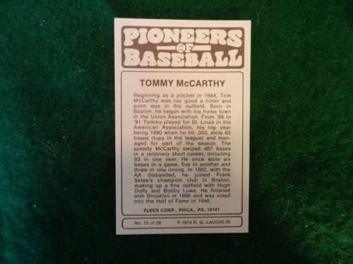 1974 *TOMMY MCCARTHY* FLEER PIONEERS of BASEBALL CARD, #13 of 28! - Picture 2 of 2