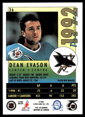 1991-92 O-Pee-Chee Premier #36 Dean Evason San Jose Sharks Hockey Card - 第 2/2 張圖片