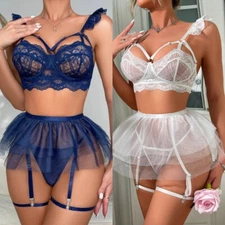 Sexy Lace Garter Lingerie for Womens Mesh Mini Skirt Nightwear Babydoll Bodysuit