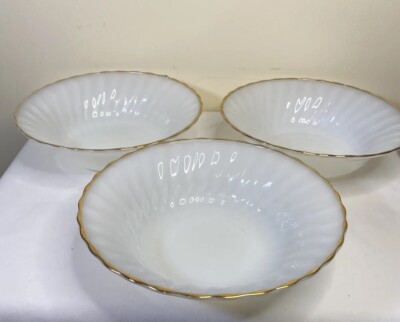 VINTAGE (3) Fire King anchor hocking milk swirl Thick gold trim 8.5'' bowls Nice