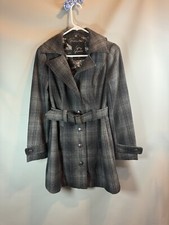 G By Guess Women’s Black Gray Plaid Belted Wool Blend Trench Coat Size XS