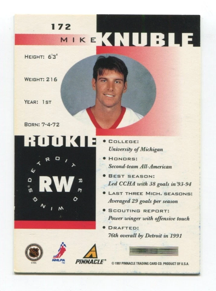 1997 Pinnacle Mike Knuble Signed Card NHL Hockey AUTO #172 Detroit Red Wings - Image 2 of 2