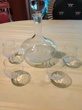 Etched Crystal Clipper Ship Decanter and 4 Snifter Glasses Ship Design Toscany