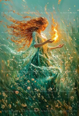 BRIGID FIRE GODDESS ART PRINT, Celtic Poster, Witchy Cottagecore Wall Decor F112