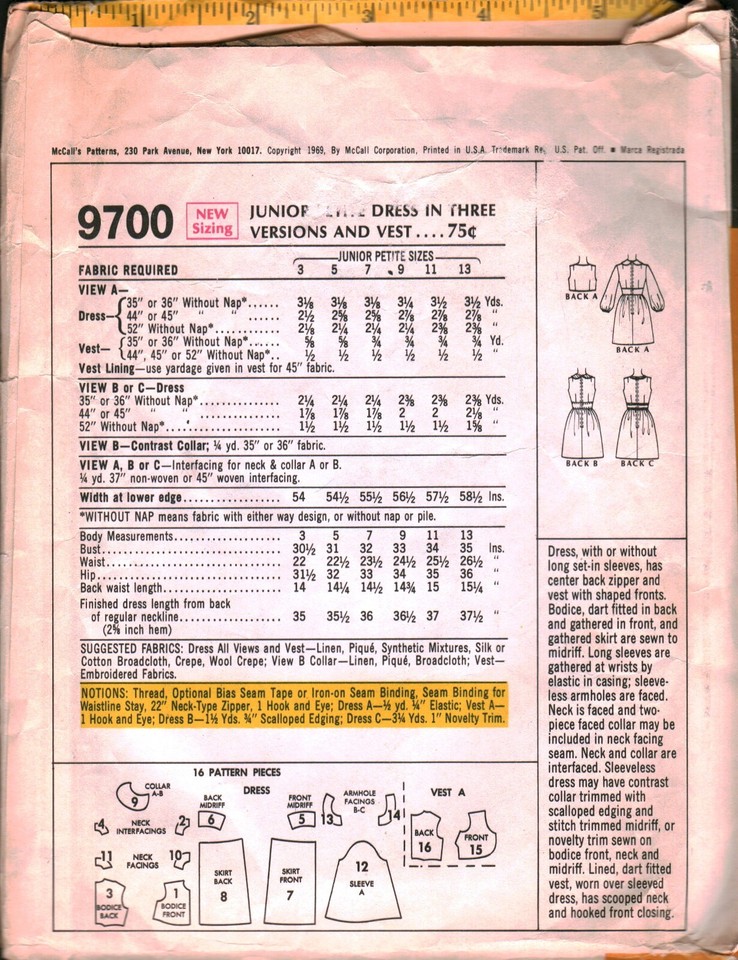 9700 Vintage McCalls SEWING Pattern Misses 1960s Juniors Dress 3 ...