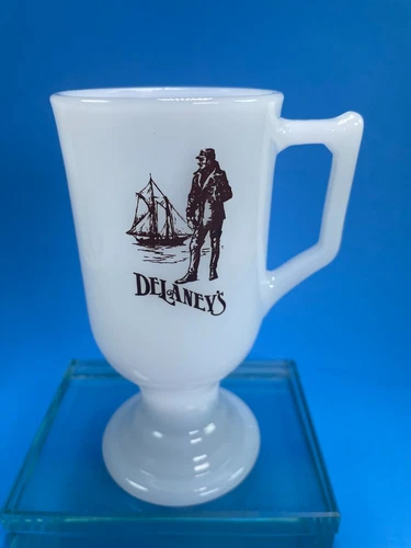 Delaney's Vintage Footed Milk Glass Coffee Mug Irish 8 oz Tea Cup C75
