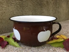 Vintage Huta Silesia Brown Enamelware Fruit Serving Bowl with White Apple Design
