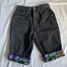Vintage Mom Shorts Gitano Black Cotton Denim Bermuda Sz 5/6 Floral Cuff 80s