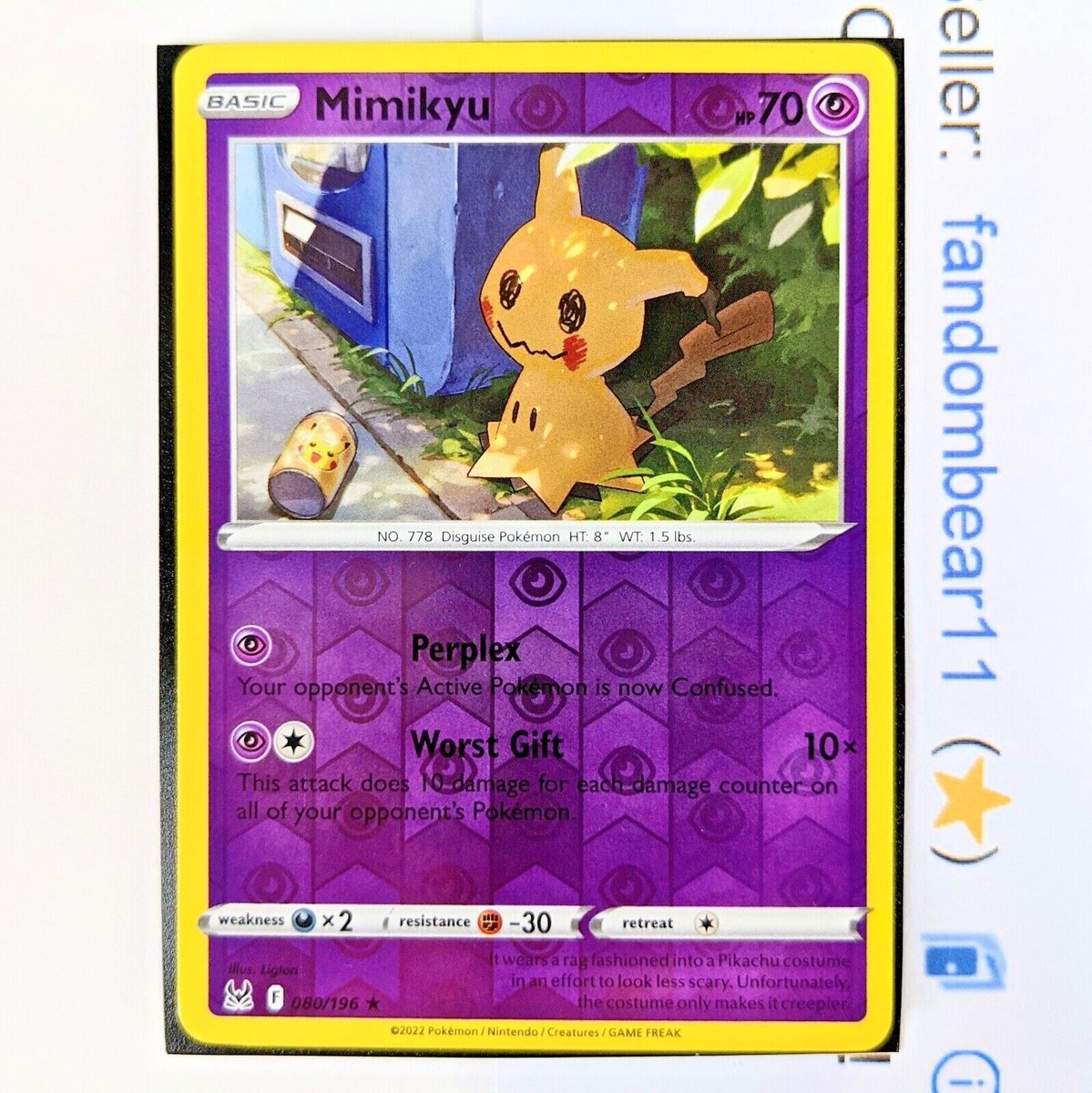 Mimikyu REVERSE HOLO RARE card 080/196 Sword & Shield Lost Origin