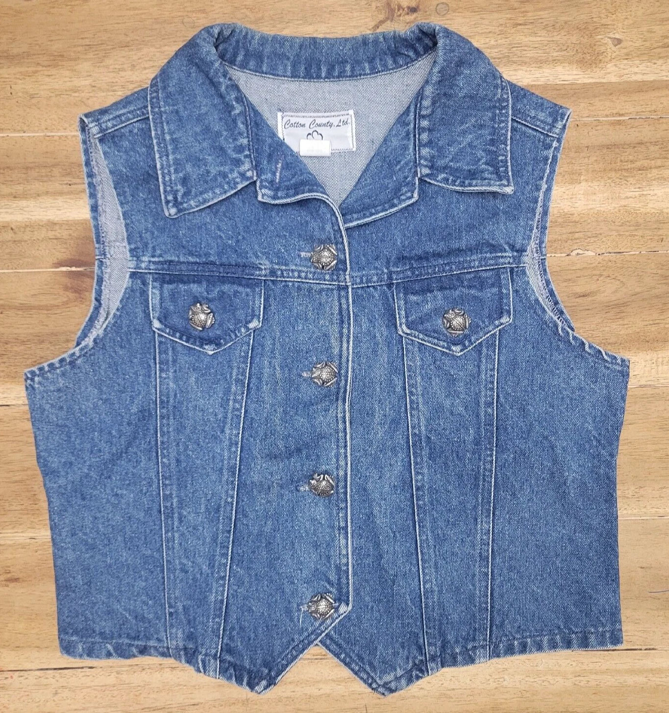 VTG Cotton Country Ltd. Denim Vest Silver Frog Buttons 100% Cotton Unisex Size M