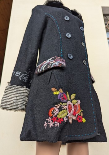 Desigual 17E2915 Size 42 womens black bubble hem embroidery wool blend coat - Picture 16 of 22