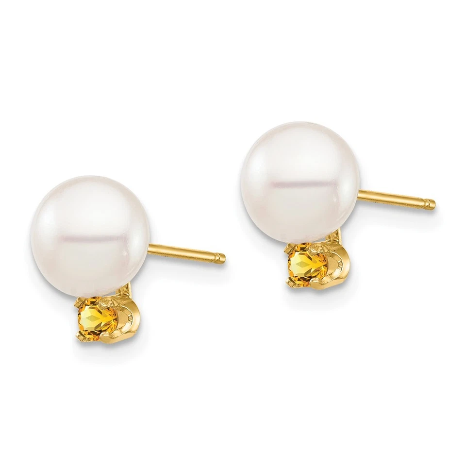 14k Yellow Gold 7-7.5mm White Round Cultured Pearl and Citrine Stud Earrings - Image 2 of 3