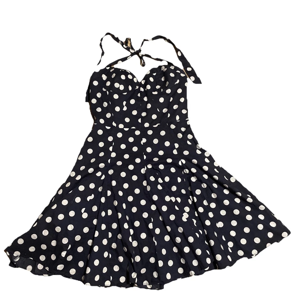 Vestido Halter De Colección Betsey Johnson Azul Marino Blanco Lunares Talla 8 M Acampanado y Clásico Foto 2 de 4