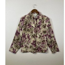 Alfred Dunner Womens Floral Print Blazer Jacket Purple Tan Size 14