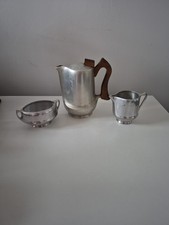 VINTAGE 50s ART DECO PICQUOT WARE POLISHED CAST ALUMINIUM THREE PIECE COFFEE SET