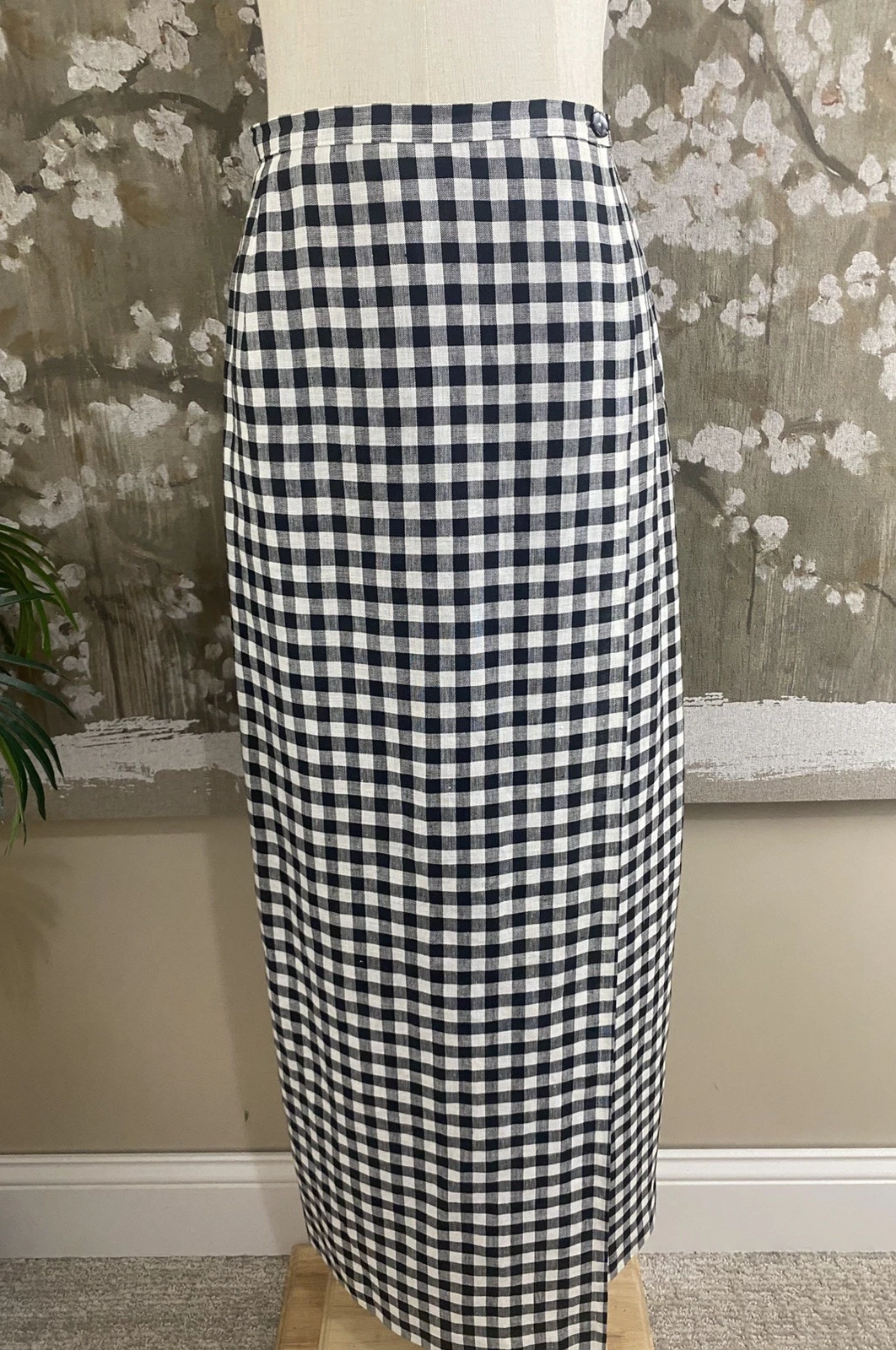 VTG LAURA ASHLEY 100% Linen Black White Check Cottagecore Wrap Maxi Skirt 10 EVC