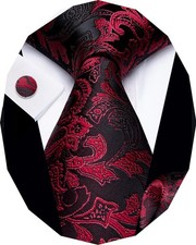 Red Black Tie Sets for Men Paisley Necktie Handkerchief Cufflinks Silk Woven ...