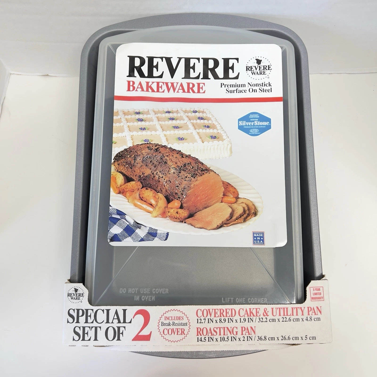 New Vtg Rever Bakeware Nonstick Steel Covered Cake Pan & Roasting Pan USA Made