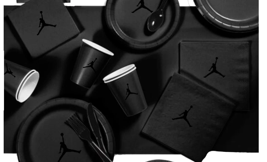 Juego de platos de fiesta de papel para zapatos personalizados, negro, 60 unidades, tema de baloncesto, Jumpman Foto 4 de 4