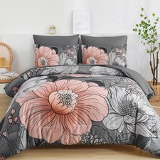 King Comforter Set 7 Pieces Grey Floral Comforter Set King Size Bed in a Bag ...