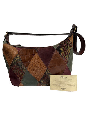 Fossil Diamond Patchwork Hobo Bag Embossed Leather Suede
