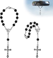 2PCS Car Rosary Rearview Mirror Cross Pendant Blessing Beads Decor Black