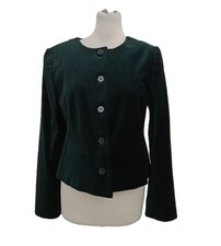 M&S Women's Collarless Jacket Green Velvet Cropped Cotton Rich Tailored Fit New