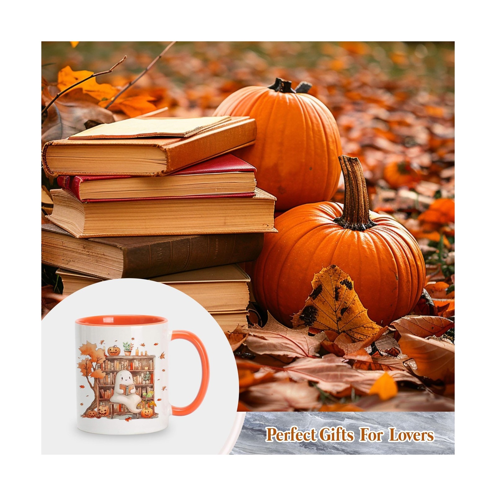 Hyturtle Fall Halloween Coffee Mug - Cute Ghost Reading Book Mug - Maple Leav...