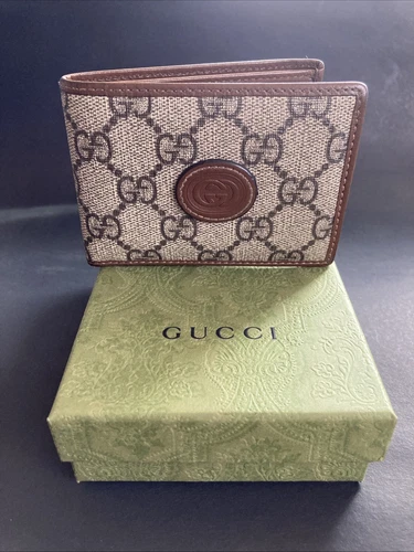 Portefeuille homme GUCCI imbriqué GG Supreme marron sucre double pli d'occasion 673001