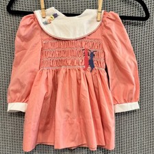 Vintage 70s Polly Flinders Smocked Dress 2T Pink Embroidered Cat "MEOW" Collar