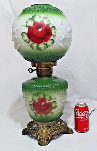 VINTAGE 3 WAY PARLOR LAMP GWTW STYLE 22", HAND PAINTED ROSES, RAISED ART NICE!