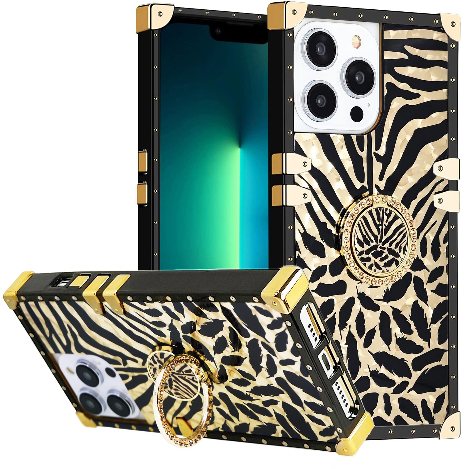 Coque silicone antichoc pour iPhone 14 Plus avec support bague zèbre doré