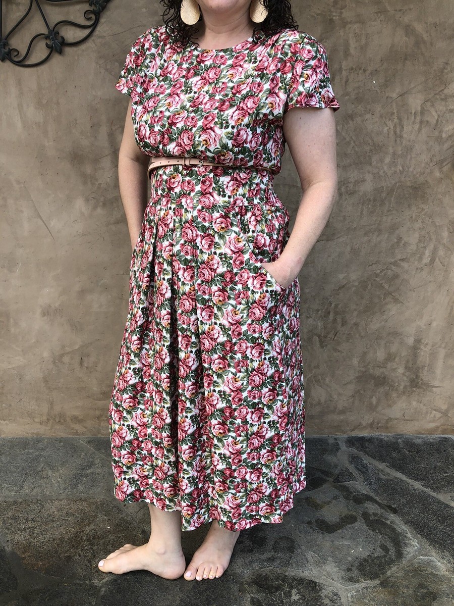Vintage Karin Stevens Floral Dress 12 Cottage Core Pockets Roses