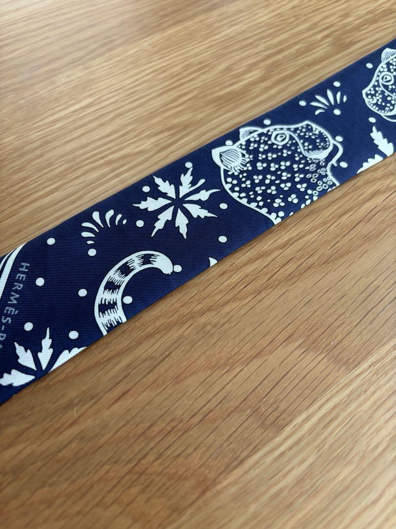 HERMES Twilly Les Leopards Bandana Navy Logo Pattern Silk no