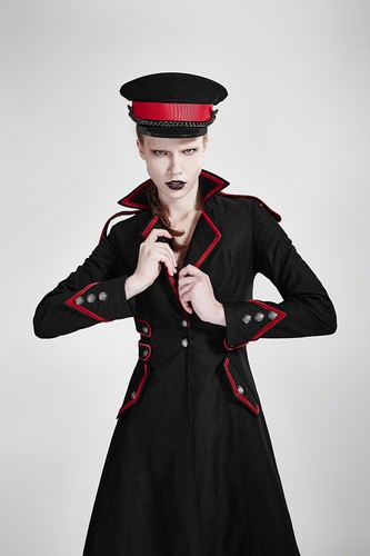 Punk Rave Rebella Military Long Coat With Red Trim Gothic Ladies Y-675 - Bild 1 von 11