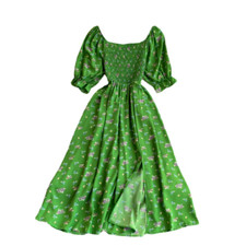 Damen Kurz Ärmel Blumenmuster Kleid Midi Tunika Split Rüsche Sommer Strand Party